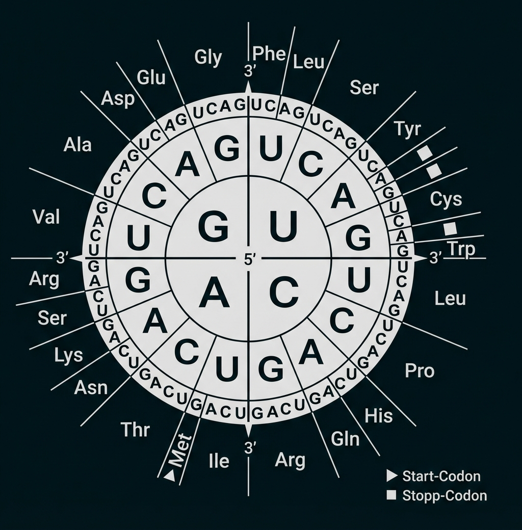 Codonrad: mRNA-Codons, zugehörige Aminosäuren und Markierung für Start- und Stopp-Codons